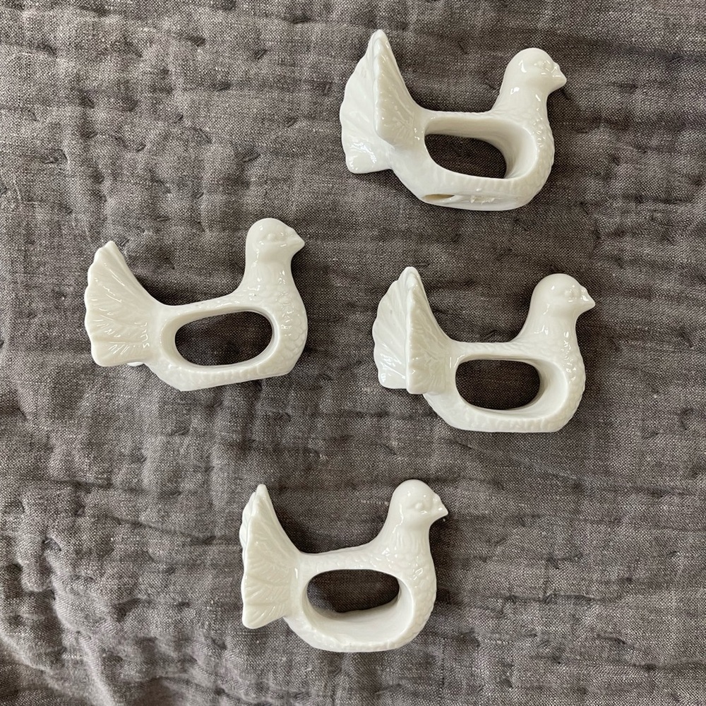 Vintage Shafford Design DOVE Porcelain Napkin Rings (Set of 4) bone white birds
